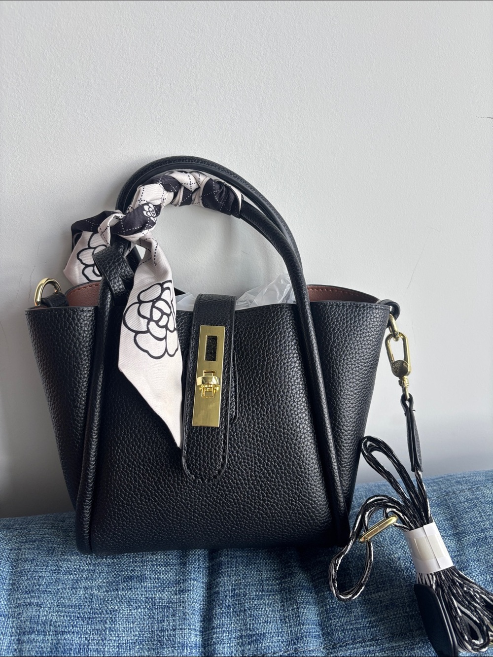 & Other Stories Black Pebbled Satchel with Scarf Accent